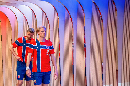 Kristoffer Ajer and Morten Thorsby of Norway at half-time
