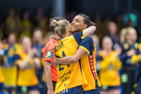 Nathalie Hagman and Jamina Roberts of Sweden celebrate