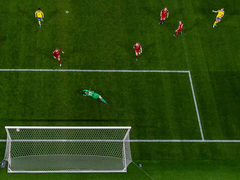 Stina Blackstenius of Sweden with a shot against goalkeeper