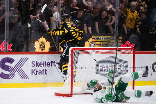 Skellefteås Oliver Okuliar jublar med Valter Lindberg och