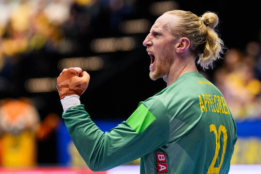 Goalkeeper Mikael Appelgren of Sweden celebrates