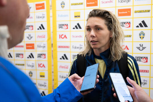 Goalkeeper Jennifer Falk of Sweden in mixed zone