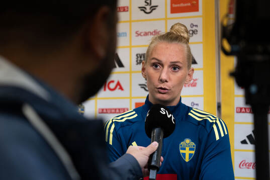 Stina Blackstenius of Sweden in mixed zone