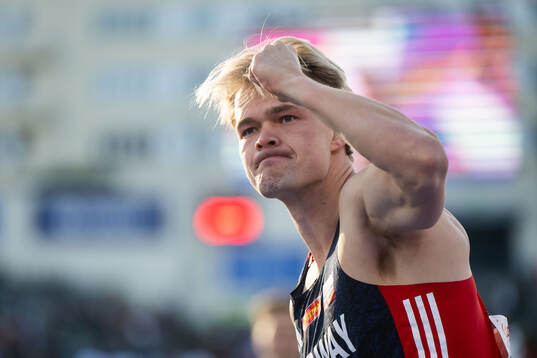 Sondre Guttormsen of Norway celebrates in men's pole vault