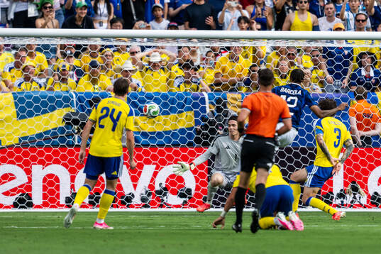 Goalkeeper Jacob Widell Zetterström of Sweden concedes 2-0
