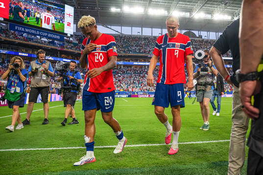 Antonio Nusa and Erling Braut Haaland of Norway