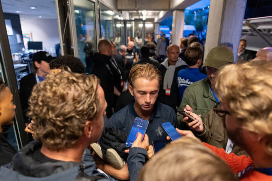 Noah Tolf of IFK Göteborg speaks to media, outside the