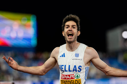 Miltiadis Tentoglou of Greece celebrates in men's long jump