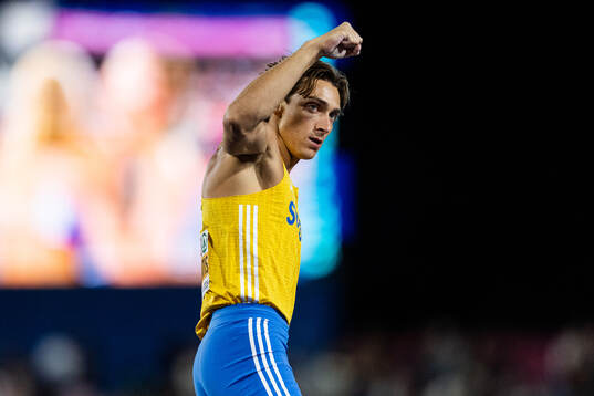 Armand Duplantis of Sweden celebrates in men's pole vault