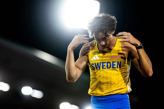 Armand Duplantis of Sweden celebrates in men's pole vault