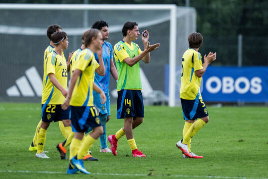Goalkeeper Elias Blasine and Amar Catic of Sverige