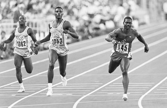 Fr. v Lee McRae, USA, Carl Lewis, USA och Ben Johnson,