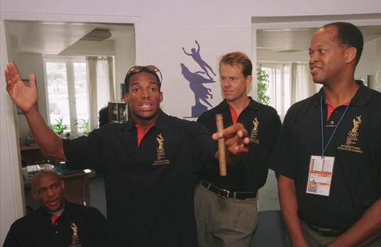 - VM i friidrott -- Fr v Maurice Green,Ato Boldon,Stefan